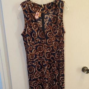 TORY BURCH DRESS SILK JERSEY SIZE L BROWN NAVY BLUE SWIRL FLORAL PATTERN EUC!
